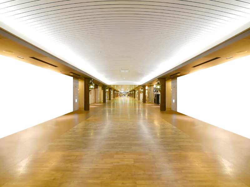 Long wooden floor in commercial building